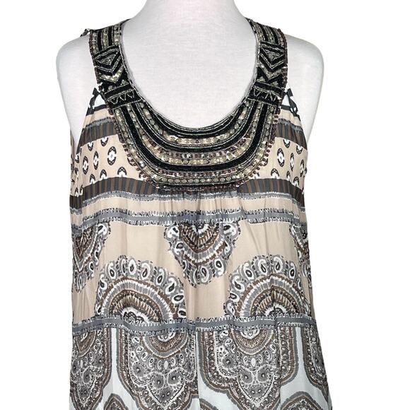 Hale Bob Boho Neutral Print Flowy Maxi with Beaded Neckline & Straps Medium - Picture 2 of 14